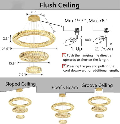 3 Rings LED Chandelier Modern Dimmable Dining Room Chanderliers Entryway Crystal Pendant Lights for Kitchen Bedroom Living Room Gold Light