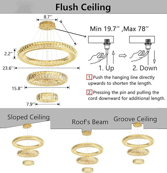 3 Rings LED Chandelier Modern Dimmable Dining Room Chanderliers Entryway Crystal Pendant Lights for Kitchen Bedroom Living Room Gold Light