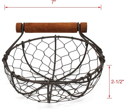 CVHOMEDECO. Chicken Wire Egg Baskets Rust Gathering Baskets with Wooden Handle Country Vintage Style Storage Baskets. Set of 2 (Round)