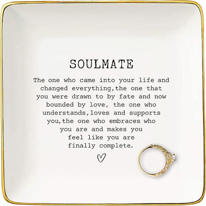 NZY Anniversary Birthday Christmas Gifts for Couple Best friend Bestie Soul sister-Soulmate Gifts for Wife Husband Girlfriend Boyfriend-Soulmate for Her-Ceramic Jewelry Tray Trinket Holder Ring Dish