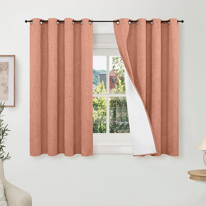 Lajode 100% Linen Blackout Curtains for Bedroom Living Room 45 Inch Long 2 Panels, Thermal Insulated Light Blocking Soundproof Curtains, Noise Reducing Window Drapes 52x45 Inch 2 Panels, Terracotta