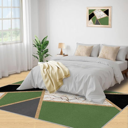 Jadeite Marble Area Rugs 3D Black Gold Marble Rug Light Luxury Geometric Line Carpet Mid-Century Simple Rug Stone Cracks Rugs for Living Room Bedroom 6x9ft