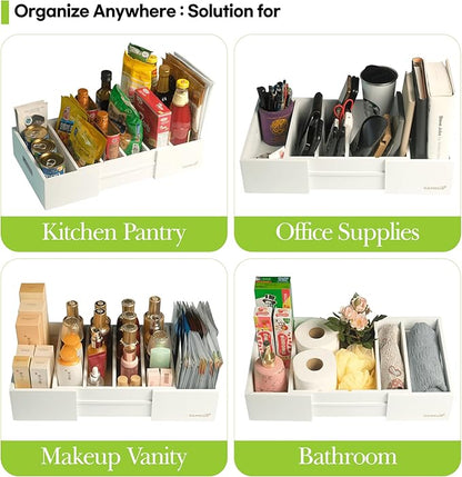 Expandable Kitchen Cabinet Organizer for Food Storage Container Lids, Bamboo Drawer Caddy Adjustable Dividers, Box for Kitchen Storage and Organization, Lids Organizer for Cabinet (White)