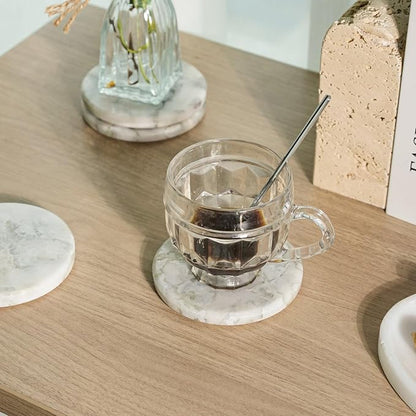 Koville Marble Coaster Set of 4, Round White Coasters, 4" Cup Coasters for Drinks, Heat Resistant Coaster for Coffee Table Home Office Bar Decor(Bianco Palomino)