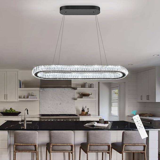 LED Ring Chandelier Oval Rings Pendant Lights for Dining Table Kitchen Island Remote Dimmable Hanging Light Chandeliers for Entryway Living Room Crystal Lighting Black