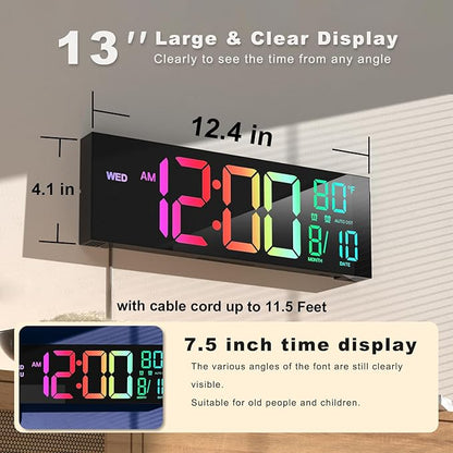 JALL 13" Large Digital Wall Mount Clock, Count Down Timer, Alarm, Big LED, 8 RGB Color, DST, Temperature for Living Room Classroom Desk, Xmas, Birthday Gift for Senior Mom Dad