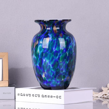 Hand Blown Glass vase, Blue Wide Mouth Large vase for Home Decorative Bouquet, Suitable for Office Living Room TV Stand Kitchen Dining Table Centerpiece Bookshelf entryway Desktop Decoration.