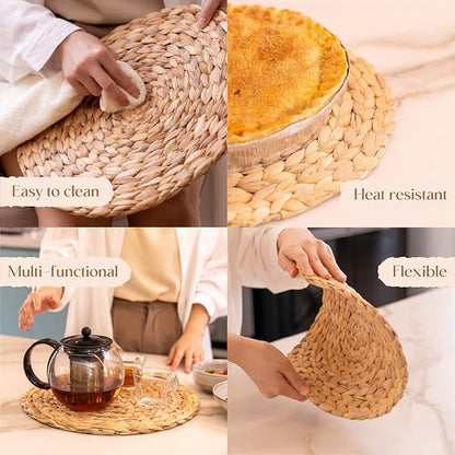 YANGQIHOME 6 Pack, Round Woven Placemats, Natural Water Hyacinth Wicker Place mats, Braided Straw Table Mats, Charger Plates for Dining Table, Fall, Thanksgiving, Christmas (11.8 inch)