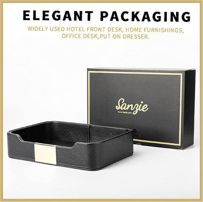 SANZIE Luxury Leather Tray Desktop Storage Catchall Organizer Decorative Tray for Entryway Table to Hold Jewelry Watch Keys Phone Wallet (Metal Glided, Black)
