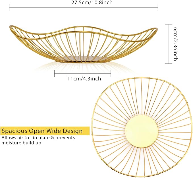 Lainrrew Metal Wire Fruit Basket, Fruit Bowl Fruits Holder Snacks Storage for Kitchen Counter, Metal Bread Basket Vegetable Holder Stand Storage Baskets for Countertop, Home Decor (Gold)