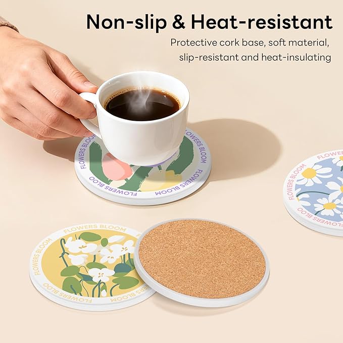 6-Piece Ceramic Coaster Set with Tray Diameter: 3.94 in Thickened Absorbent Material Heat-Resistant and Water-Absorbent Coaster Set Suitable for All Types of Cups， Flowers
