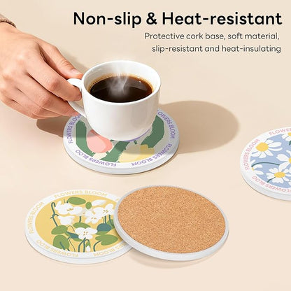 6-Piece Ceramic Coaster Set with Tray Diameter: 3.94 in Thickened Absorbent Material Heat-Resistant and Water-Absorbent Coaster Set Suitable for All Types of Cups， Flowers