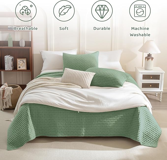 Sanracie Stonewashed Cotton Coverlet Queen Size(90"x98"), Green Ultra Soft Crinkle Quilt Bedding Set 3Pcs Cross Stitch Pattern Lightweight Breathable Bedspread Set for All Season