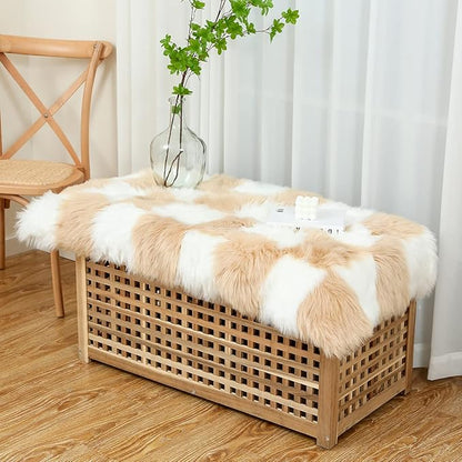 Fluffy Faux Fur Brown and White Checkered Rug，Small Area Rug,2x4 Ft Ultra Soft Shaggy Plush Rug for Bedroom Living Room Bedside Nursery Kids Room
