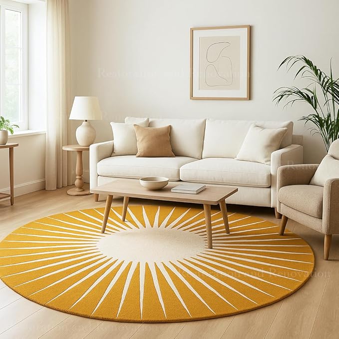 Modern Round Area Rug – Hand-Tufted with 100% NZ Wool, Thick & Soft Circular Carpet for Living Room, Bedroom & Dining Room Decor (Mustard, 4' Round)