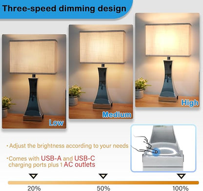 Table Lamp for Bedroom 3-Way Dimmable Touch Control Chrome Bedside Lamp with USB A+C Port & AC Outlet 21.6" Tall Nightstand Lamp for Living Room Office and Hotel Bulb Included