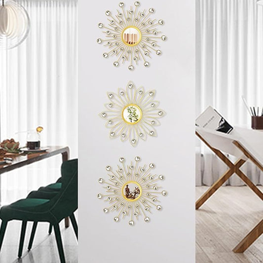 Uaussi 3 Pack Crystal Sunburst Wall Mirror Décor Rhinestone Mirrors Decorative Home Wall Art for Living Room Bedroom Entryway(Flower+Sunburst Gold)