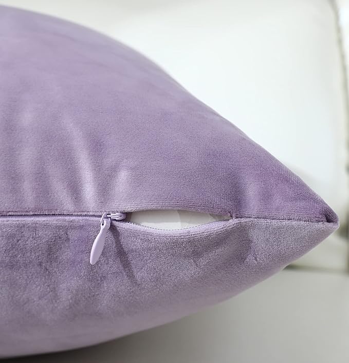mixeoo Comfy Lavender Throw Pillow Covers Decorative Square Solid Thick Velvet Super Soft Cushion Cases Home Decor for Sofa Couch Living Room Chair, Set of 2, 18 x 18 Inch