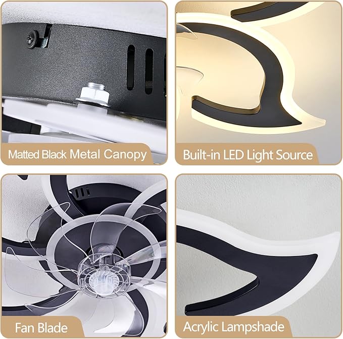 35" Black Modern Ceiling Fan with Light Remote Control, 3 Light Color 6 Speeds Samll Low Profile Ceiling Fan for Bedroom Kitchen