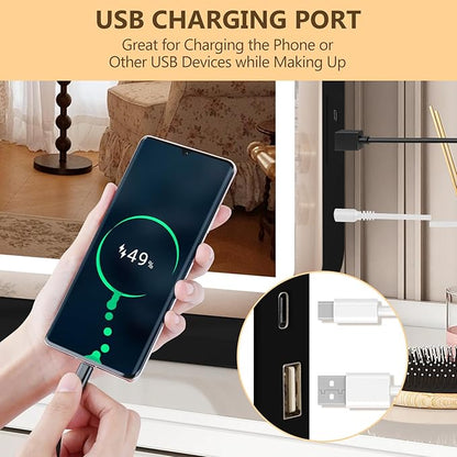 Vanity Mirror with Lights, Led Makeup Mirror, Lighted Makeup Mirror with 3 Color Dimmable Lights, Smart Touch Screen Control, Aluminum Metal Frame,USB Charging Port