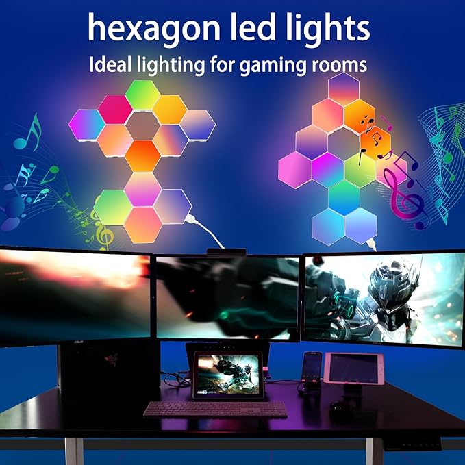12Pack Hexagon Lights for Wall LED, That Sync with Music, APP & Remote Controls Hex Lights, RGB LED Wall Panels for TV, Bedroom, Living Room, Game Room Decor