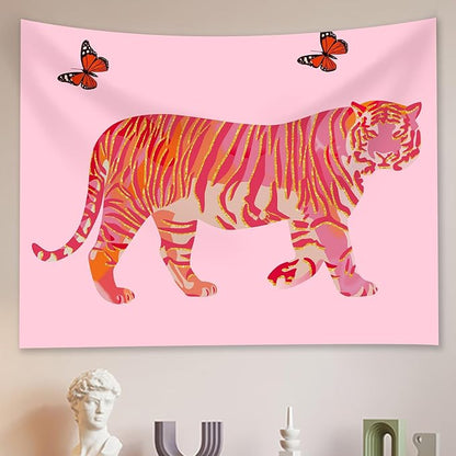 Tiger Aesthetic Tapestry - Pink Butterfly Tapestries, Boho Wall Tapestries, Picnic Sheet Wall Decor Blanket for Girl Bedroomfor Bedroom, Living Room, Dorm - 50 x 60 Inch