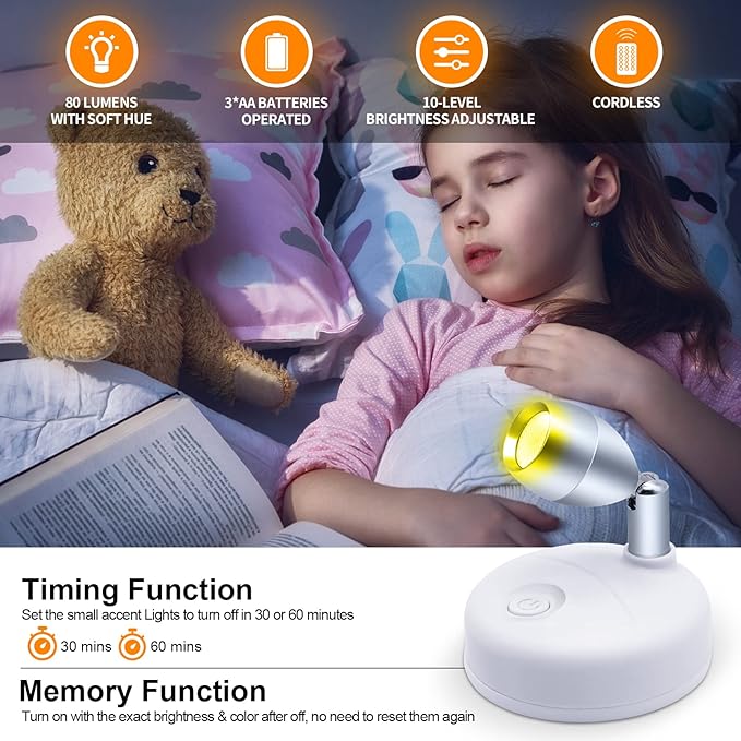 Small Spotlight Battery Operated Spot Lights Indoor Uplighting Picture Mini Accent Light Wireless LED with Remote RGB + W Angle Adjustable w/Timer & Dimmer for Display Art Paintings