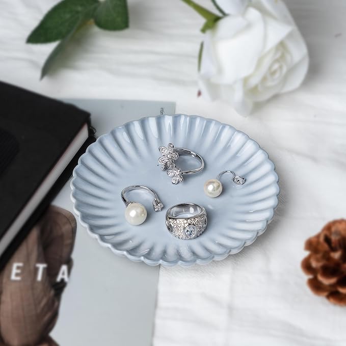 Ceramic Jewelry Dish, Decorative Tray for Rings Earrings Necklaces Bracelet Watch Keys, 4.50" Trinket Tray as Gifts for Women (Antique Wave)