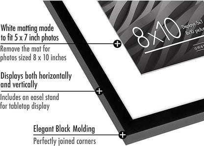 Americanflat 8x10 Picture Frame with Shatter-Resistant Glass - Set of 2 - Use as 5x7 Frame with Mat or Display 8x10 Photo Without Mat - Streamline Collection - Tabletop or Wall Display - Black