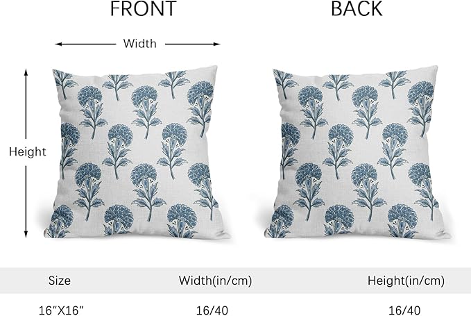 Blue Floral Pillow Covers 16x16 Set of 2 Blue and White Block Print Pattern Rustic Spring Flower Decorative Outdoor Farmhouse Pillowcases Decorations Throw Cushion Cover Decor for Couch Sofa Bed