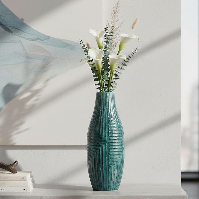hjn Teal Hand-Glazed Ceramic Vase - 13.8" H Modern Decorative Centerpiece Vase for Fresh/Dried Flowers, Home Decor for Living Room Bookshelf Mantel | Wedding Housewarming Gift