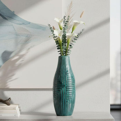 hjn Teal Hand-Glazed Ceramic Vase - 13.8" H Modern Decorative Centerpiece Vase for Fresh/Dried Flowers, Home Decor for Living Room Bookshelf Mantel | Wedding Housewarming Gift