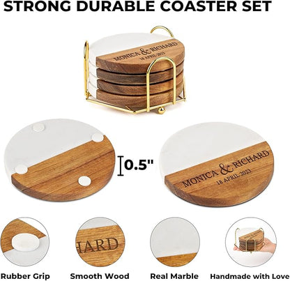 AWESOMETIK Custom Personalized Marble and Acacia Wood Coasters for Cups – Engraved Round Bar Coasters with Monogram, Wedding Gift for Couples, Anniversary, Housewarming, or Engagement Home Decor Set