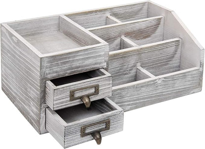 Distressed Rustic Wooden Office Desktop Organizer Wood Shelf Tabletop Home Organizer Storage with Multiple Compartments 2 Tier Drawers,perfect Jewelry storage Display Box for Desk, Vanity (gray)