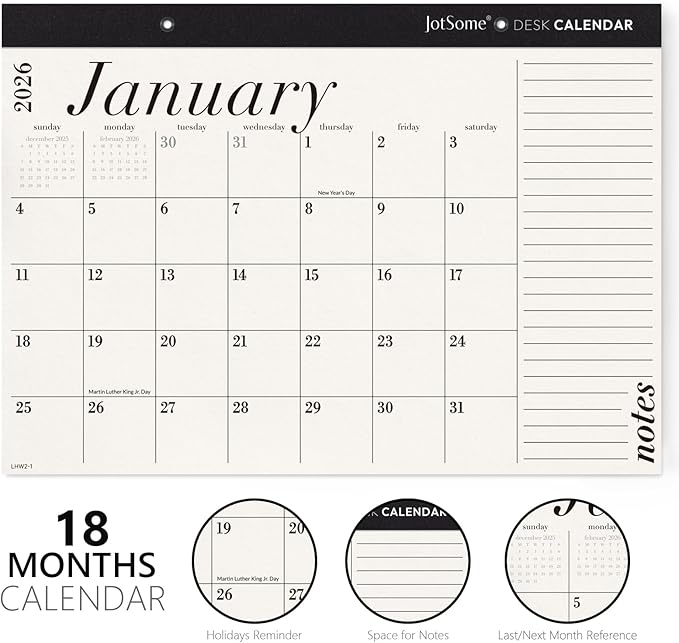 Jotsome Desk Calendar 2026-2027, 18-Month Calendar 17"x12" from January 2026 to June 2027, Desktop Calendar with Large Day Block, for Home, Office, Minimalist