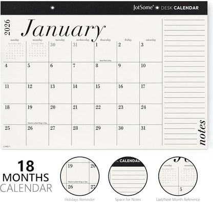 Jotsome Desk Calendar 2026-2027, 18-Month Calendar 17"x12" from January 2026 to June 2027, Desktop Calendar with Large Day Block, for Home, Office, Minimalist