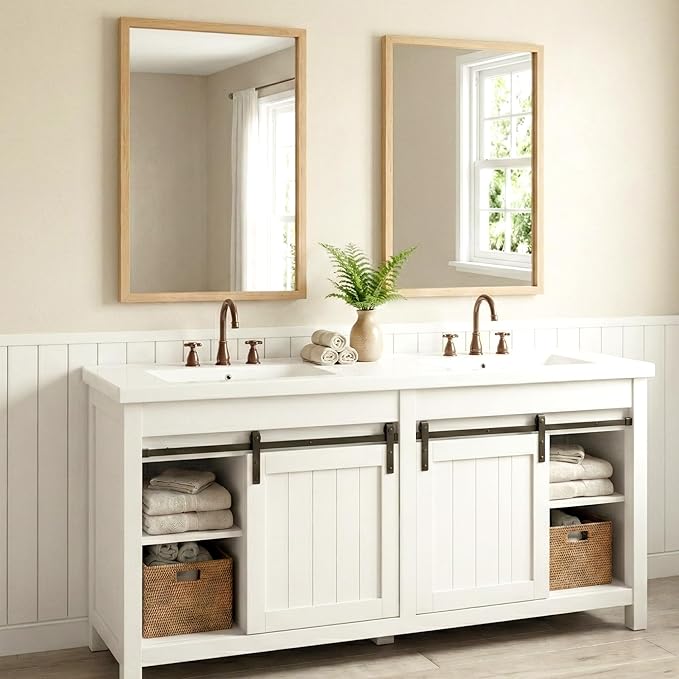 24" x 36" Natural Wood Tone Wall Mirror for Entryway & Bath, Waterproof Boho Decor Mirror, Scandi Oak Texture Vanity Mirror for Over Sink, Standard Trim