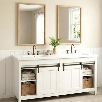 24" x 36" Natural Wood Tone Wall Mirror for Entryway & Bath, Waterproof Boho Decor Mirror, Scandi Oak Texture Vanity Mirror for Over Sink, Standard Trim