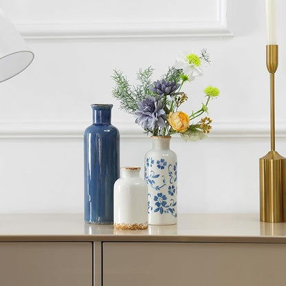 Ceramic Vases Set of 3, Blue and White Flower Decorative Vase for Farmhouse Shelves, Rustic Vase for Table Bookshelf, Living Room