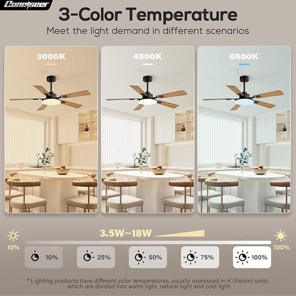 52 Inch Ceiling Fans with Lights and Remote for Bedroom Living Room Kitchen Office, Indoor/Outdoor Use, 5CCT Dimmable, 5 Blades 6 Speed Reversible Quiet DC Motor, Brown/Wood Grain