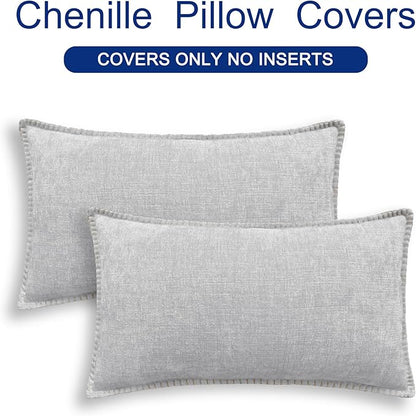 CaliTime Throw Pillow Covers Decorative 12 X 20 Inches Pack of 2 Cotton Thread Stitching Edges Solid Dyed Soft Chenille Cushion Cases for Couch Sofa Bed Living Room Farmhouse Moonbeam Gray