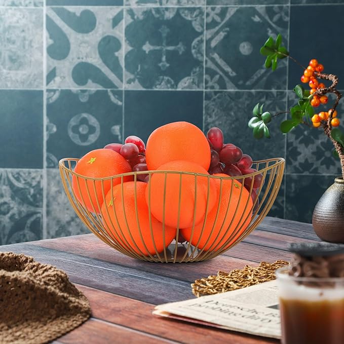 IBWell Antique Curved Edge Fruit Basket for Kitchen Gold Wire Basket Fruit Bowl for Home Decor Metal Wire Fruit Holder for Fruit Vegetable Snacks