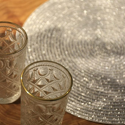 AHHFSMEI Round Braided Placemats 15 Inch Round Table Mats for Dining Tables Natural Woven Heat Resistant Place mats Set of 6 (Silver Shine)