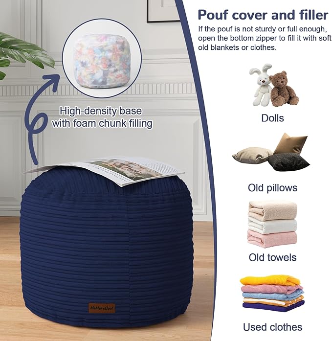 MeMoreCool Stuffed Round Pouf Ottoman Foot Rest, Soft Plush Floor Pouf Foot Stool, Corduray Footstool Footrest, Small Round Ottoman for Living Room Couch Sofa Chair, 20x15 Inch Navy
