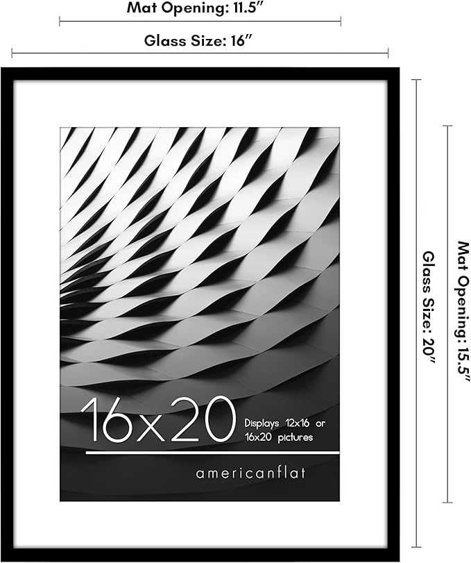 Americanflat 16x20 Picture Frame with Polished Plexiglass - Use as 12x16 Frame with Mat or Display 16x20 Photo Without Mat - Streamline Collection - Thin Border Picture Frames for Wall - Black
