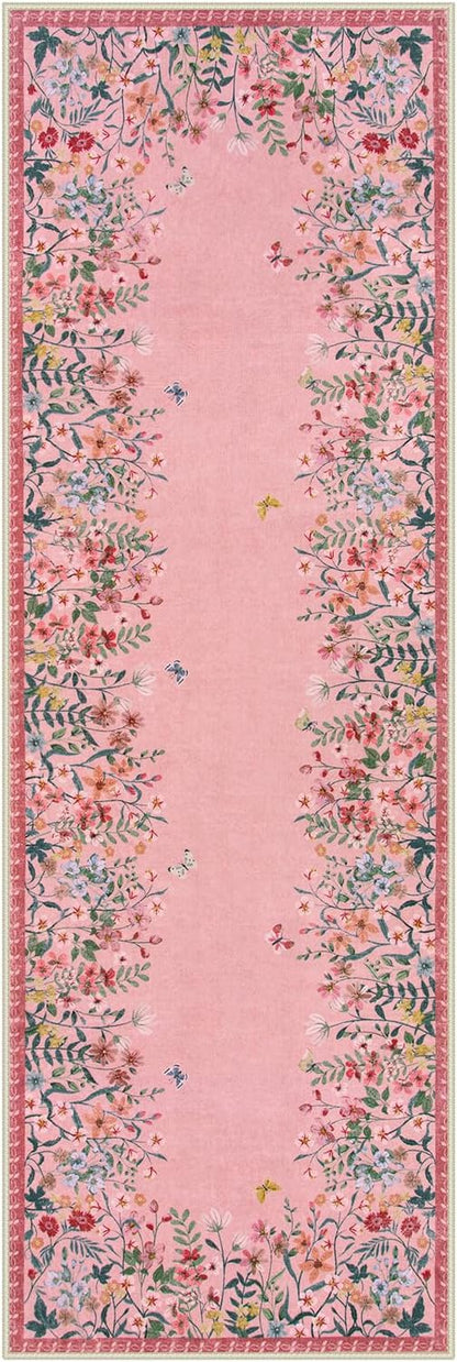 Lahome Boho Floral 2x6 Pink Bathroom Runner Rugs Non Slip Washable,Soft Runners for Hallways,Indoor Carpet Runner with Rubber Backing for Bedside Entryway Kitchen Laundry(Pink,2x6)