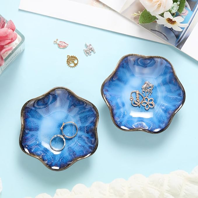 8 Pcs Ceramic Trinket Dish Lotus Leaf Jewelry Tray Small Ring Dish for Earrings, Rings, Jewelry Holder, Key Bowl(Blue)