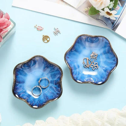 8 Pcs Ceramic Trinket Dish Lotus Leaf Jewelry Tray Small Ring Dish for Earrings, Rings, Jewelry Holder, Key Bowl(Blue)