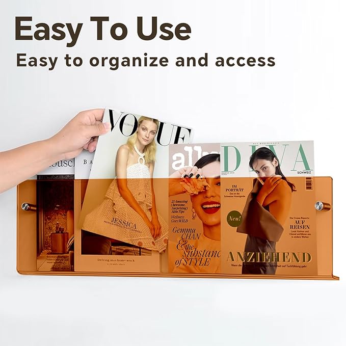 2-Pack Acrylic Magazine Holder - 24 Inch Wall Mounted Floating Bookshelf for Brochures, Records & Books, Modern Storage Rack for Office, Living Room, Waiting Room (Orange, 24 Inch)