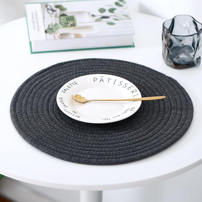 Round Woven Placemats Set of 8 Heat Resistant Placemats 13.5 Inches Farmhouse Cotton Rope Place Mats for Dining Tables Trivets for Hot Dishes, Grey Set